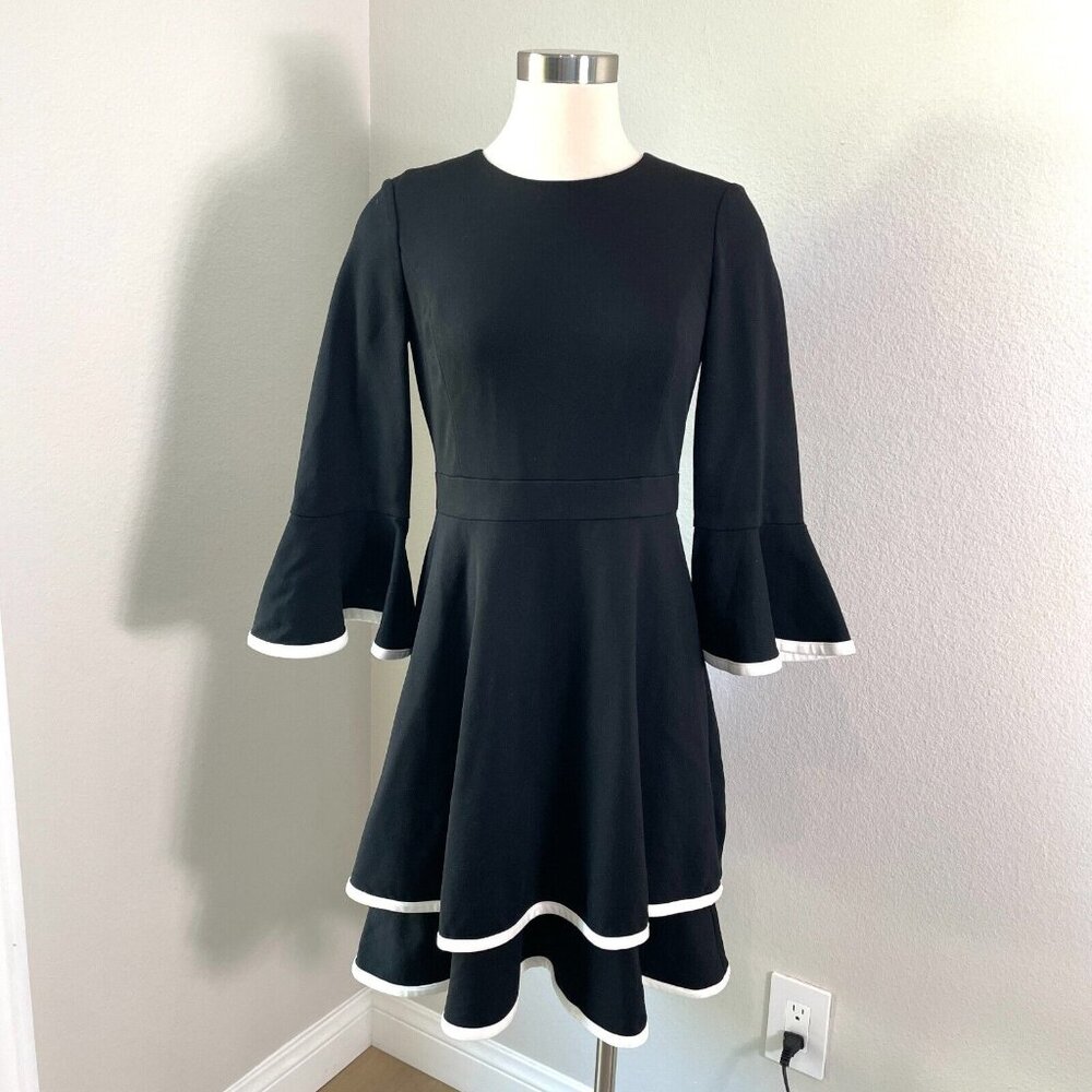 Eliza J Womens 6 White Trim Bell Sleeve Layered Ponte Knit Fit N Flare Dress